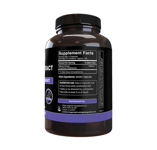 Pure Original Ingredients Bilberry Extract supplement bottle showing no fillers label.