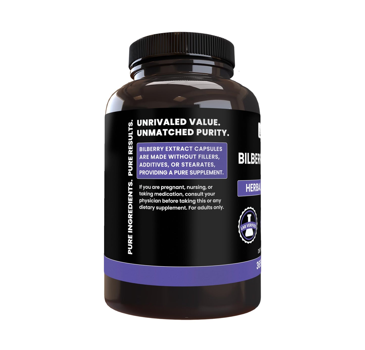 Authentic USA imported Bilberry Extract 365 capsules bottle side view.