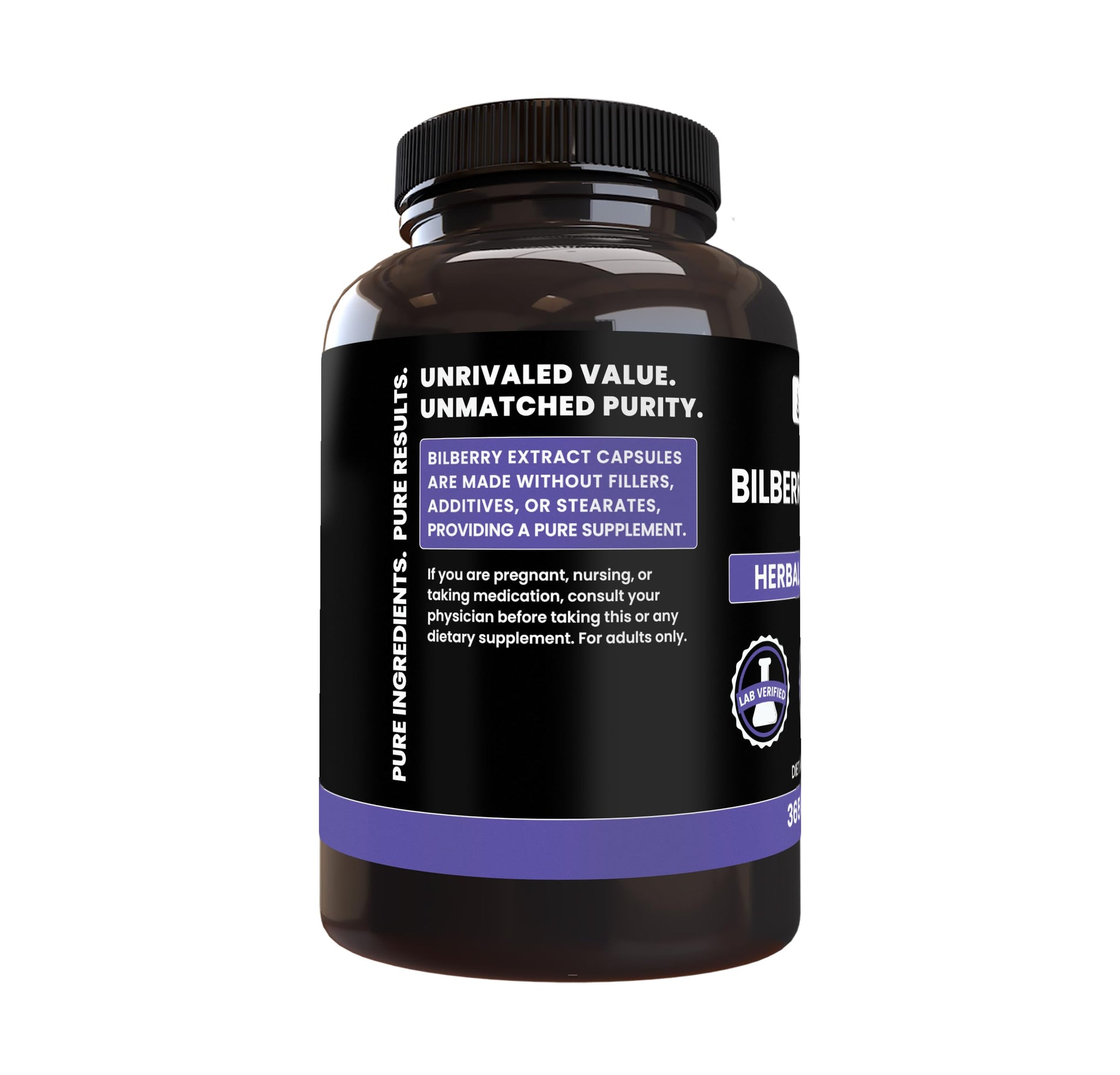 Authentic USA imported Bilberry Extract 365 capsules bottle side view.