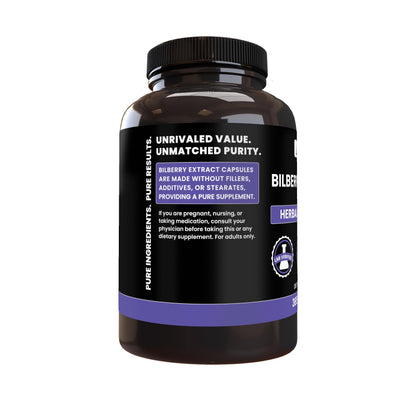 Authentic USA imported Bilberry Extract 365 capsules bottle side view.