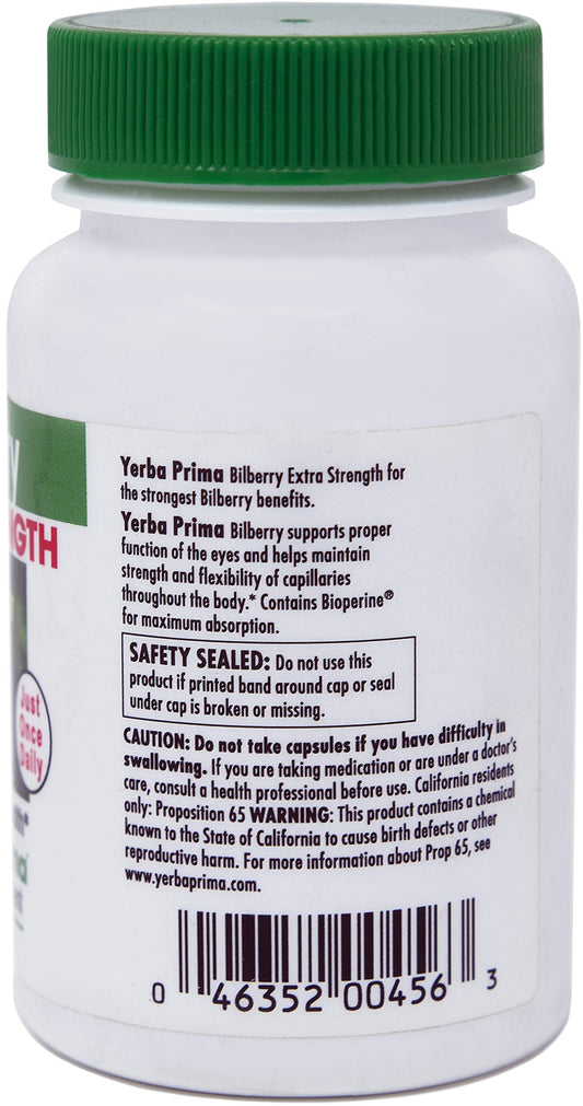 Authentic Yerba Prima Wild European Bilberry supplement with BioPerine for maximum absorption.