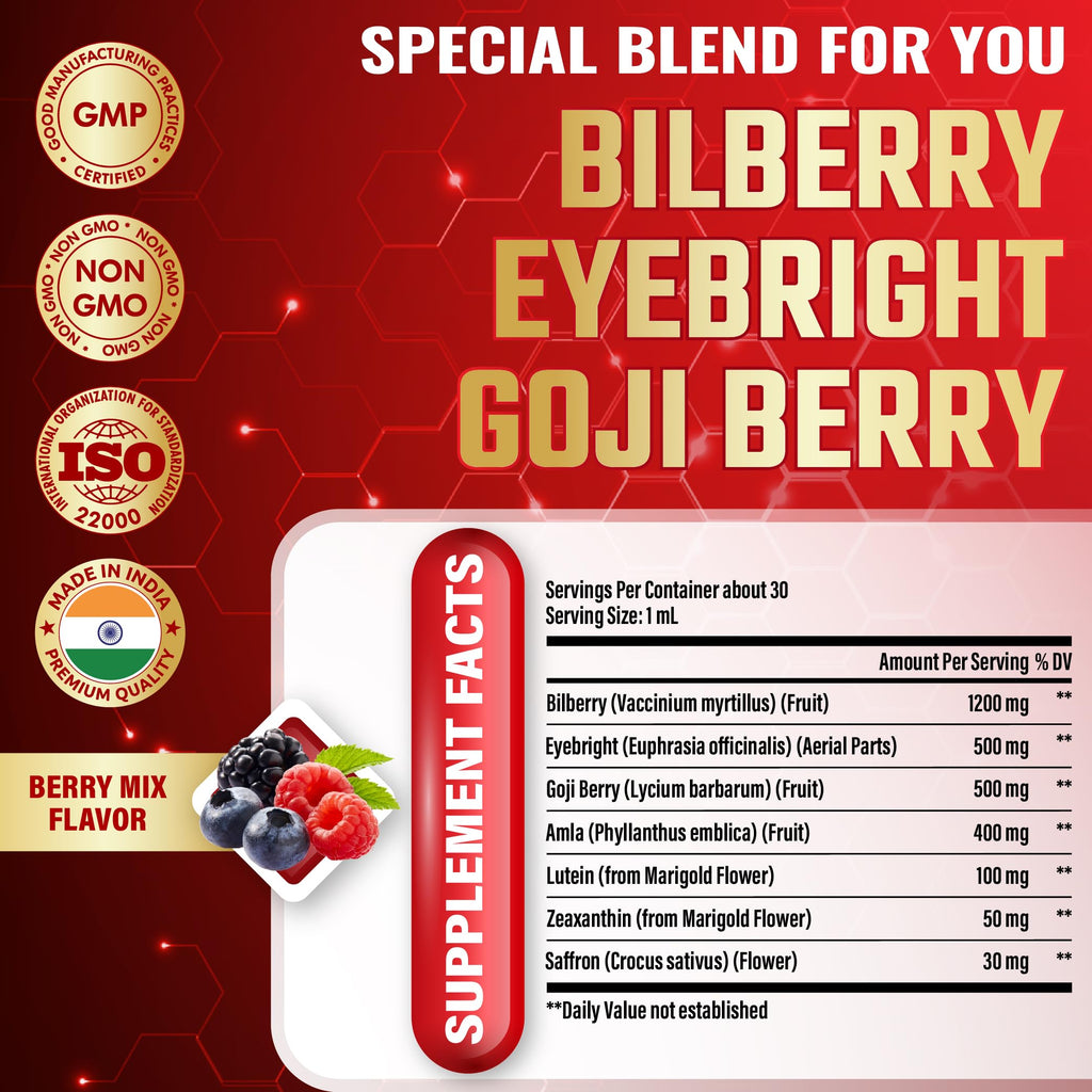 Supplement facts label on the Tenmido Bilberry Extract 1 fluid ounce bottle.
