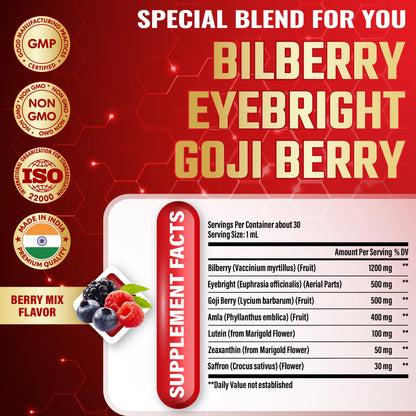 Supplement facts label on the Tenmido Bilberry Extract 1 fluid ounce bottle.