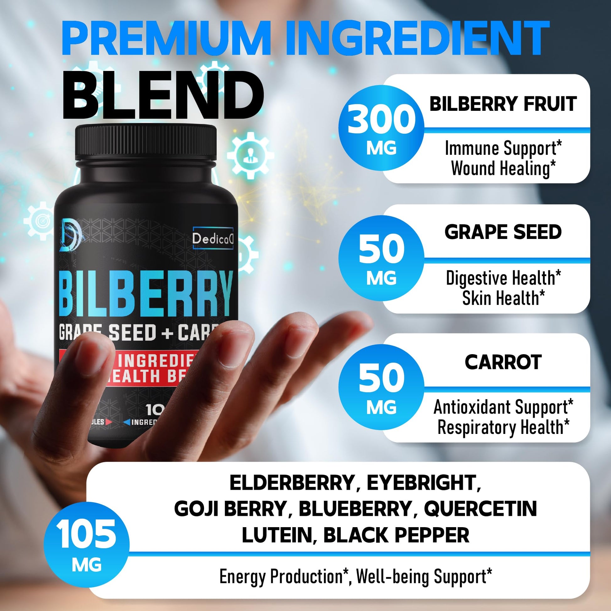 Authentic Dedicad bilberry vision supplement packaging showcasing the ten in one herbal ingredients formula.