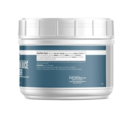 Resealable tub of Earthborn Elements Bilberry Extract Powder showcasing packaging texture and pure natural supplement details.