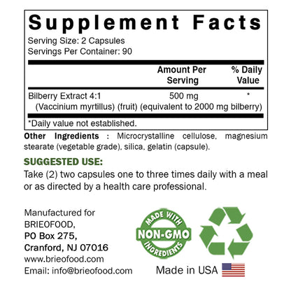 Brieofood USA imported high potency bilberry extract supplement bottle back label with ingredient facts.
