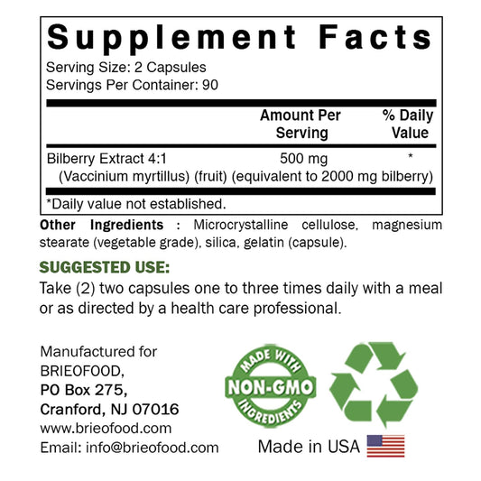Brieofood USA imported high potency bilberry extract supplement bottle back label with ingredient facts.