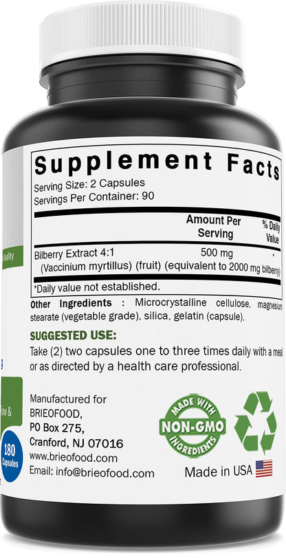 Brieofood antioxidant bilberry capsules 180 count container for vision support and blood flow.