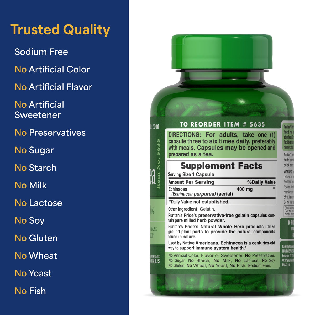 Back label of Puritan Pride Echinacea showing ingredients