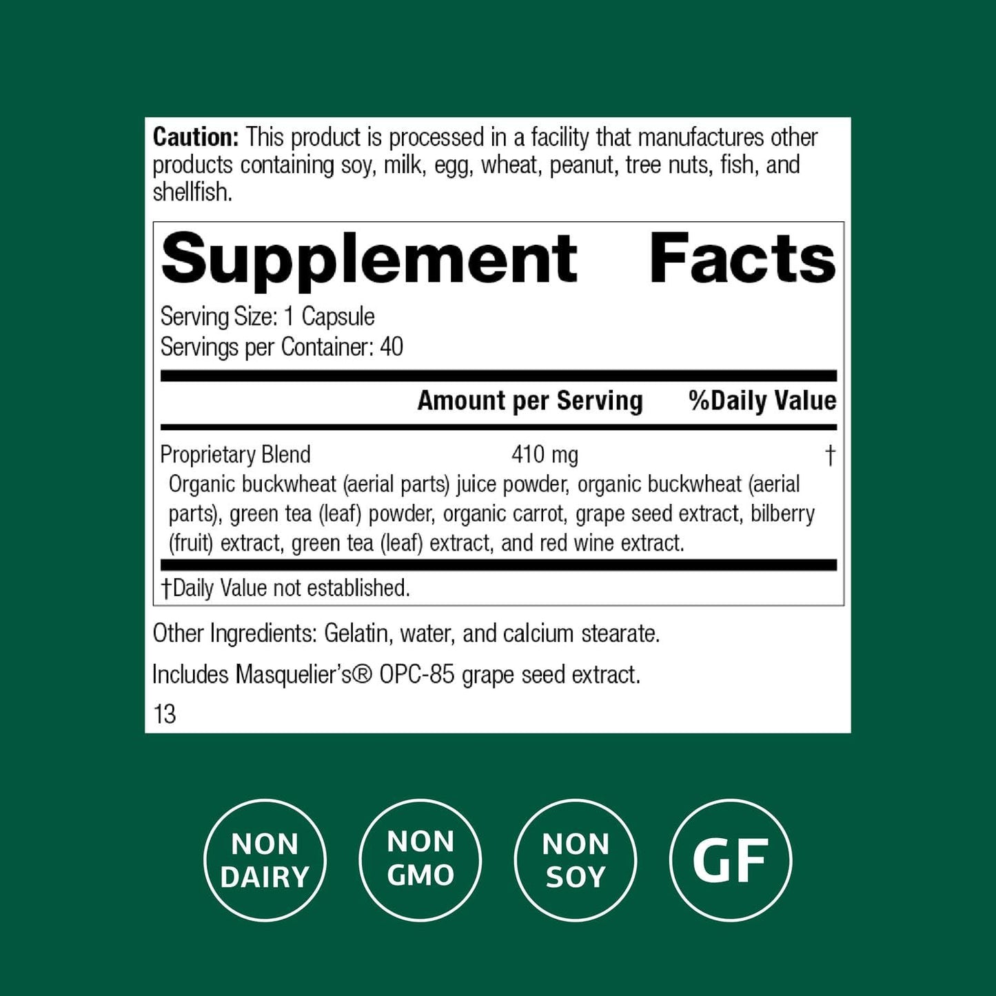 Standard Process OPC Synergy supplement facts panel displaying the proprietary herbal and whole food ingredient blend.