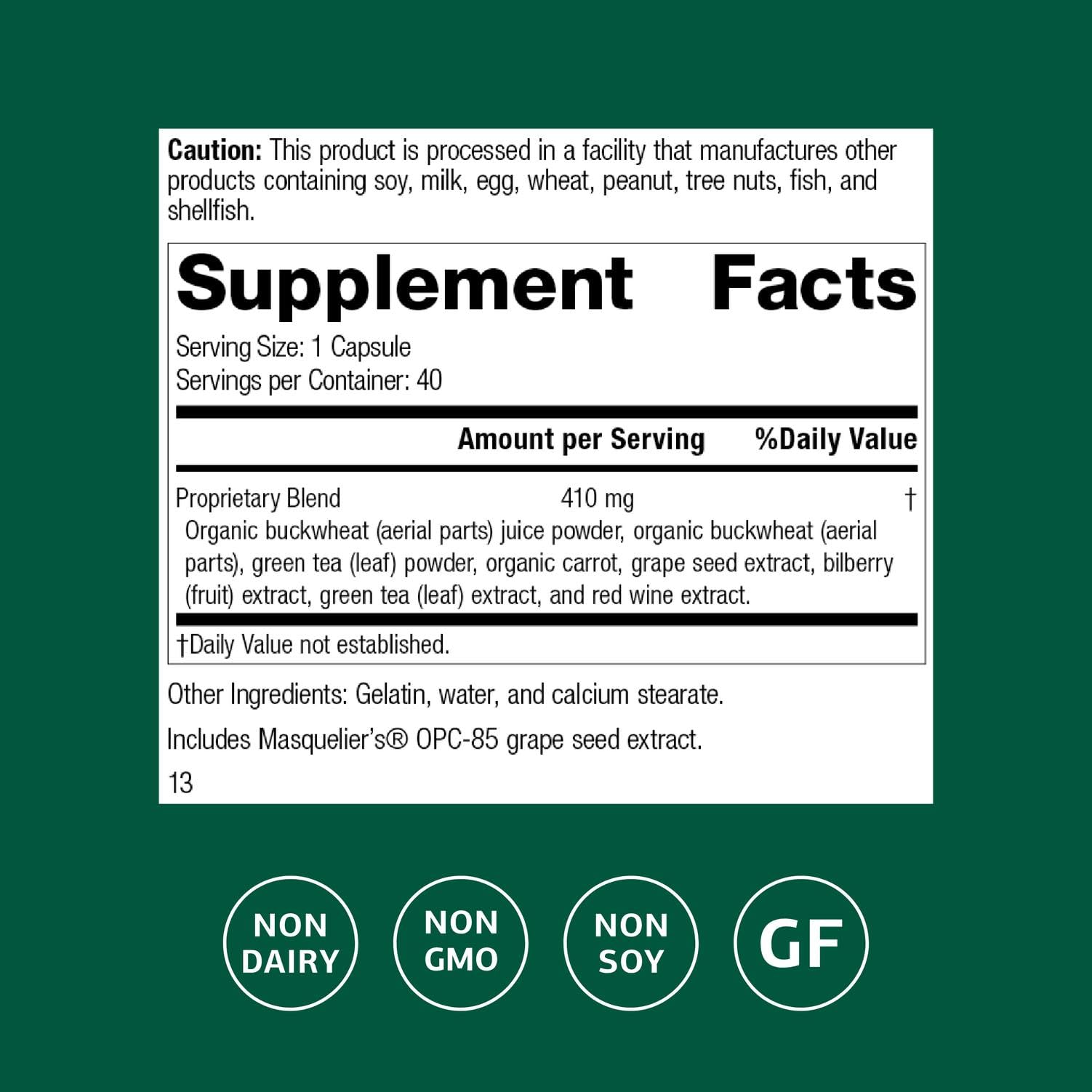 Standard Process OPC Synergy supplement facts panel displaying the proprietary herbal and whole food ingredient blend.