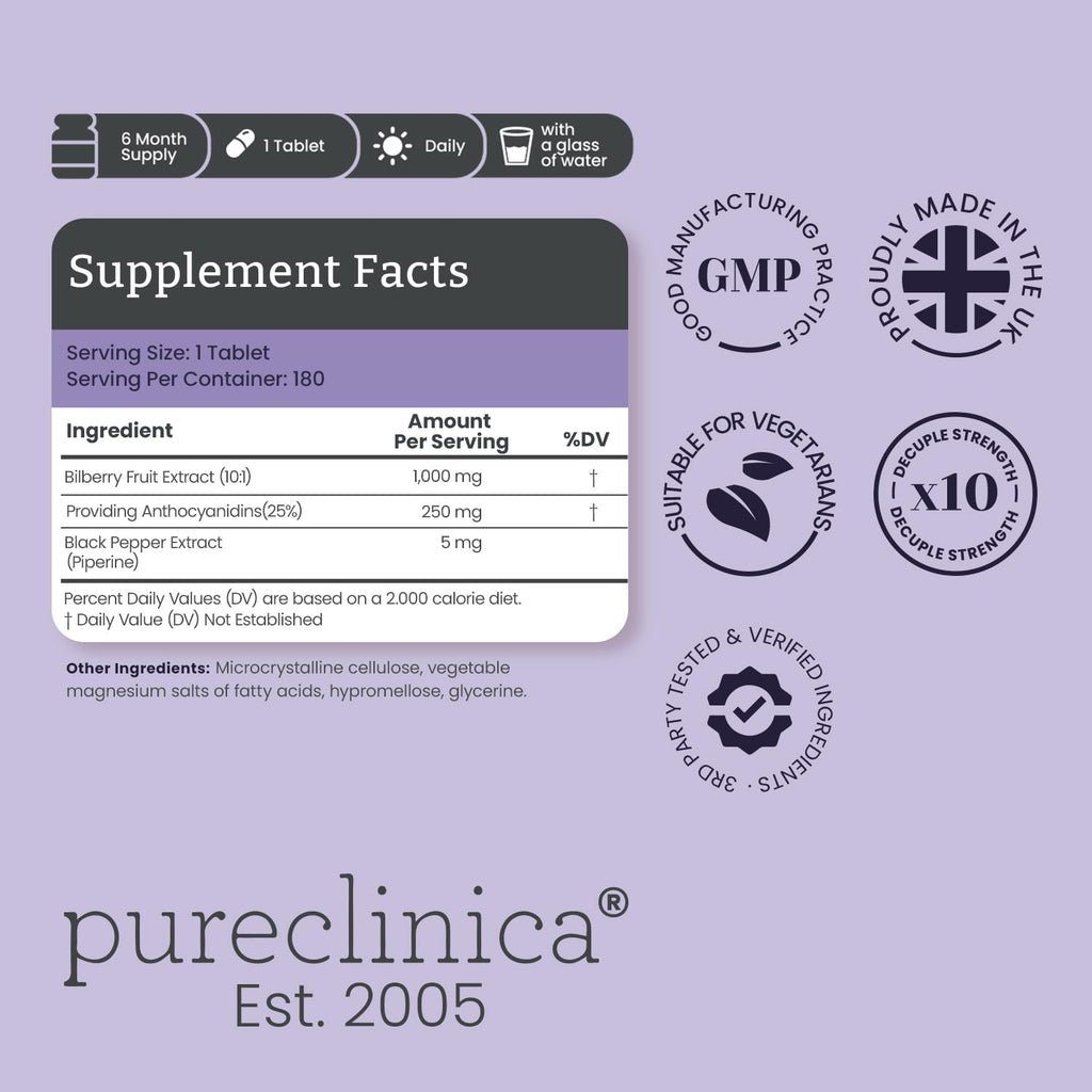 Pureclinica Bilberry Extract 180 vegan tablets nutritional facts label