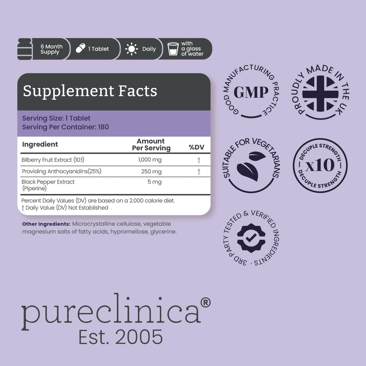 Pureclinica Bilberry Extract 180 vegan tablets nutritional facts label