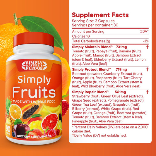 Simply Nature's Pledge authentic USA imported fruit superfood capsule supplement label details