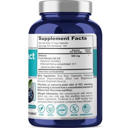 NusaPure Bilberry 200 vegetarian capsules showing dietary supplement label details
