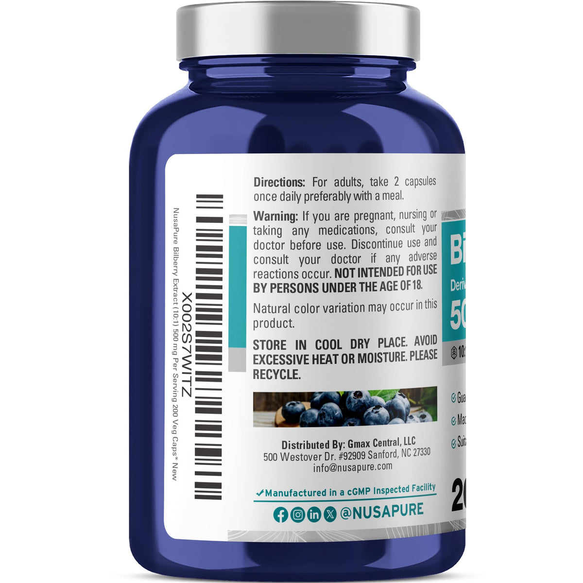 Authentic USA imported NusaPure Bilberry Extract antioxidant supplement bottle