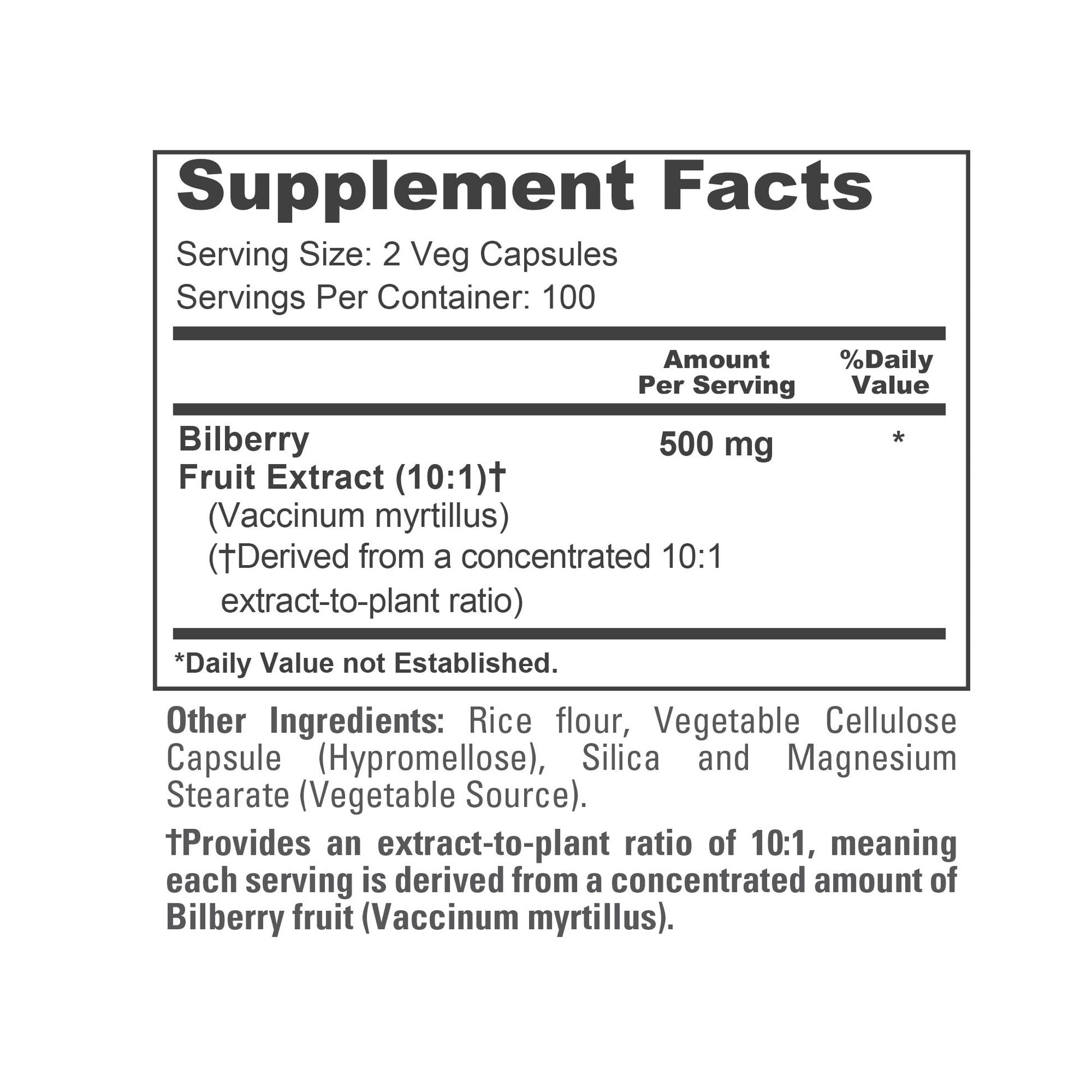 Non-GMO and vegan friendly NusaPure Bilberry 5000mg supplement facts