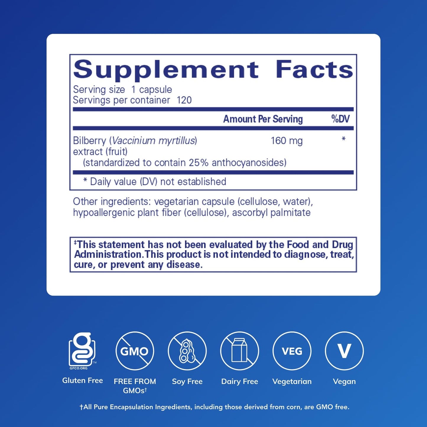 Pure Encapsulations Bilberry supplement showing nutritional facts and standardized anthocyanidins content