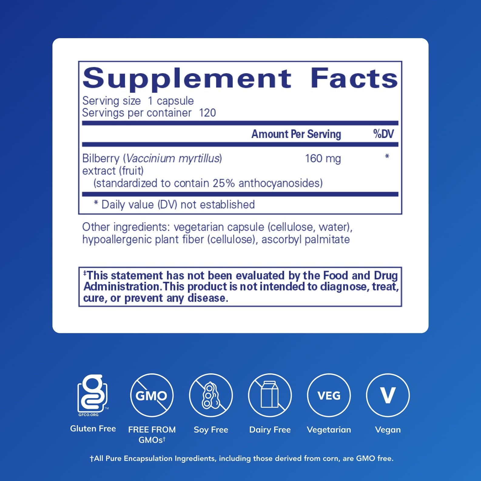 Pure Encapsulations Bilberry supplement showing nutritional facts and standardized anthocyanidins content