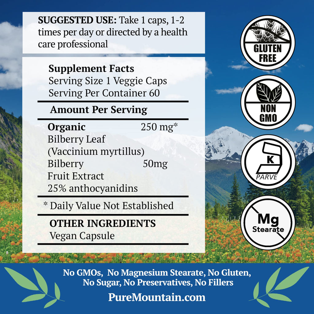 Pure Mountain Botanicals Bilberry supplement facts label showing 300mg dual ingredient formula