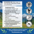 Pure Mountain Botanicals Bilberry supplement facts label showing 300mg dual ingredient formula
