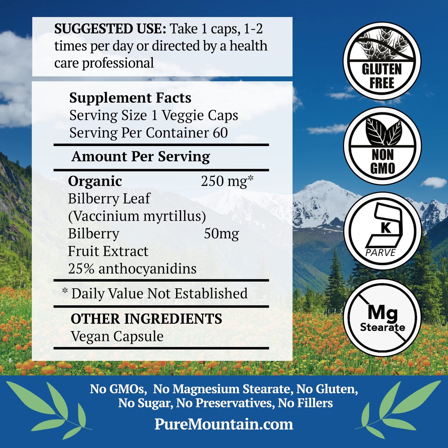 Pure Mountain Botanicals Bilberry supplement facts label showing 300mg dual ingredient formula