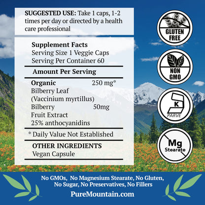 Pure Mountain Botanicals Bilberry supplement facts label showing 300mg dual ingredient formula