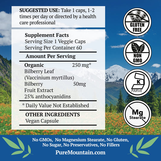 Pure Mountain Botanicals Bilberry supplement facts label showing 300mg dual ingredient formula