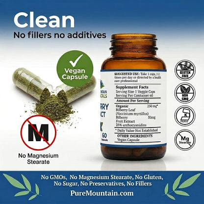 Pure Mountain Botanicals clean formula bilberry capsules with zero binders or fillers