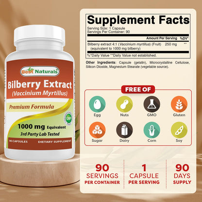 Best Naturals Bilberry Extract bottle showing non-GMO and gluten-free labels