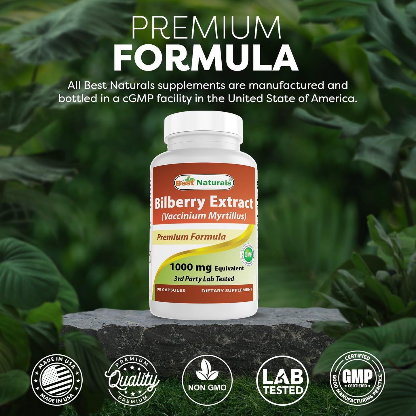 Best Naturals Bilberry Extract 90 capsules packaging details for eye strain relief