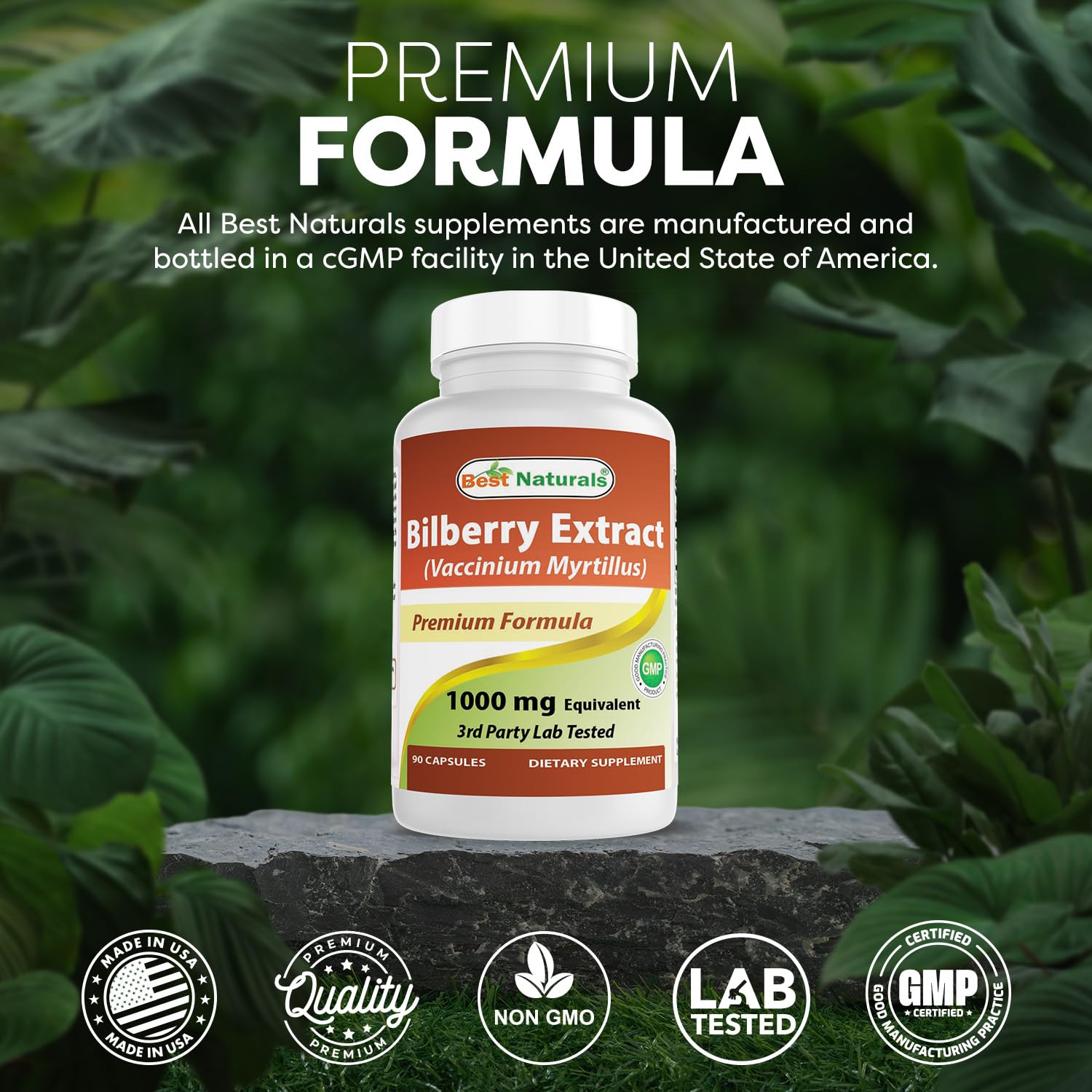 Best Naturals Bilberry Extract 90 capsules packaging details for eye strain relief
