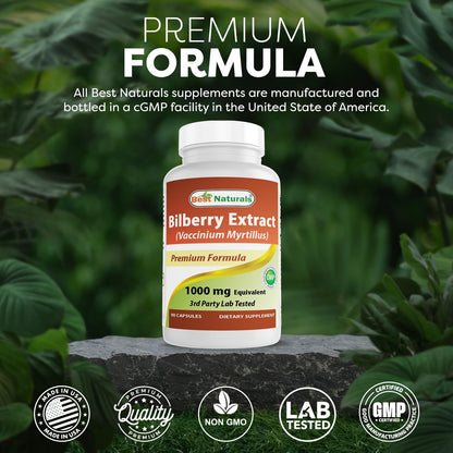 Best Naturals Bilberry Extract 90 capsules packaging details for eye strain relief