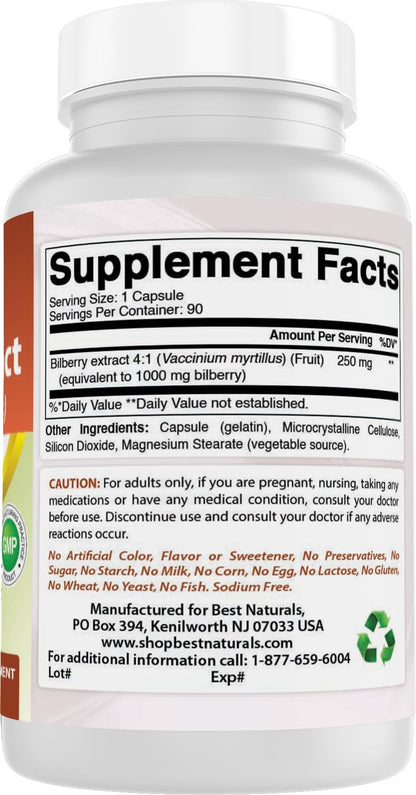 Third party lab tested Best Naturals Bilberry antioxidant supplement bottle