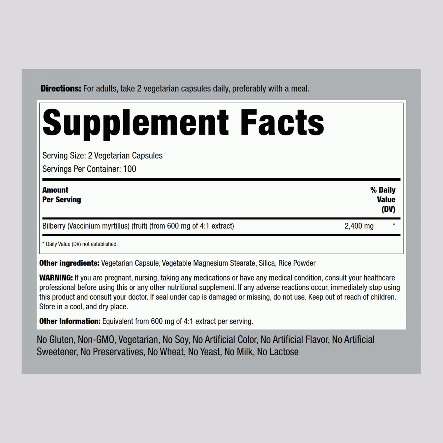 Piping Rock super concentrated bilberry extract 200 vegetarian capsules label details