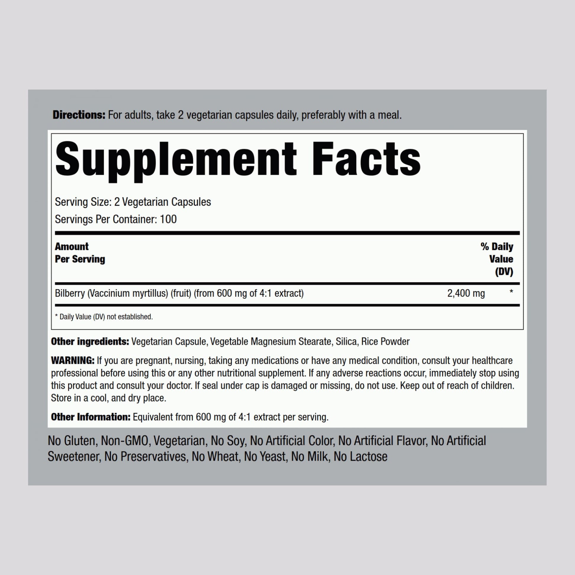 Piping Rock super concentrated bilberry extract 200 vegetarian capsules label details