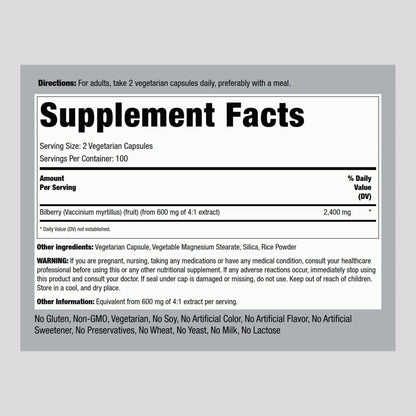 Piping Rock super concentrated bilberry extract 200 vegetarian capsules label details
