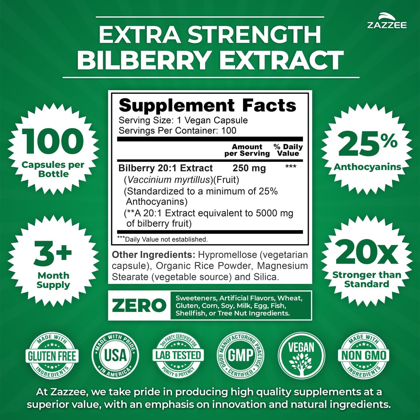 Zazzee Bilberry Extract 20:1 concentration 100 vegan capsules bottle angled display.