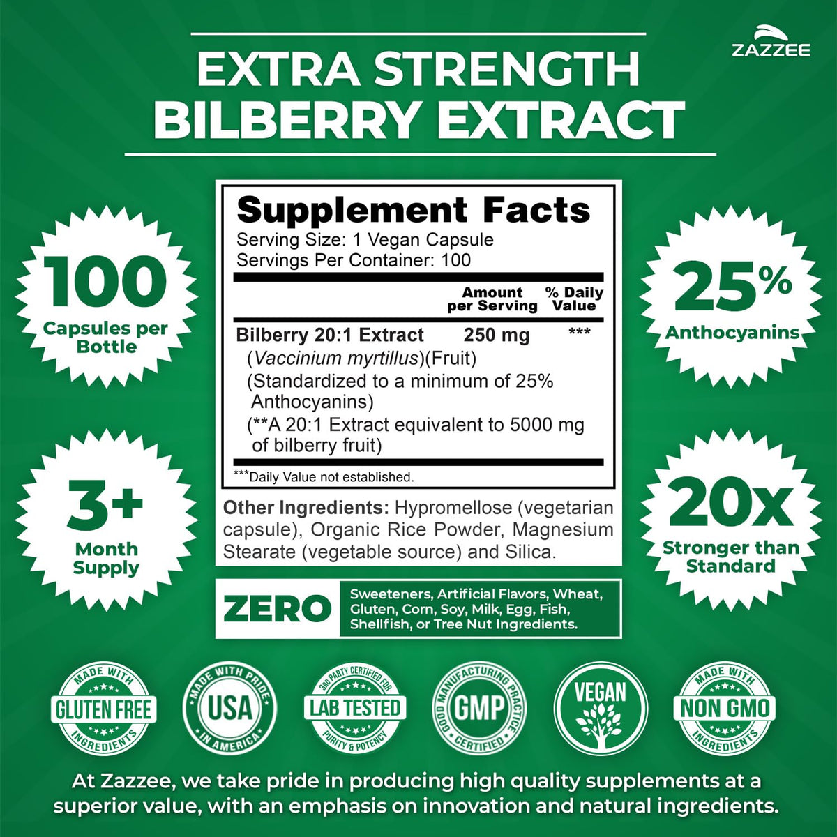 Zazzee Bilberry Extract 20:1 concentration 100 vegan capsules bottle angled display.