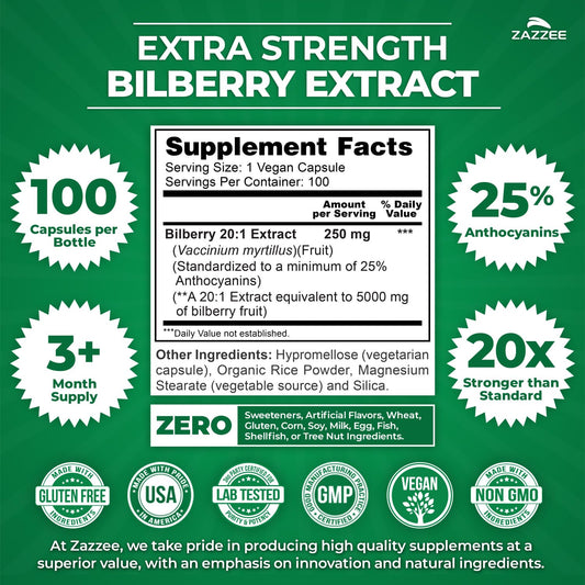 Zazzee Bilberry Extract 20:1 concentration 100 vegan capsules bottle angled display.