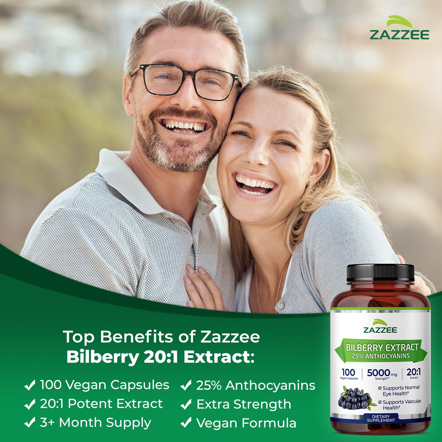 Supplement facts panel on the back of Zazzee Bilberry Extract packaging.
