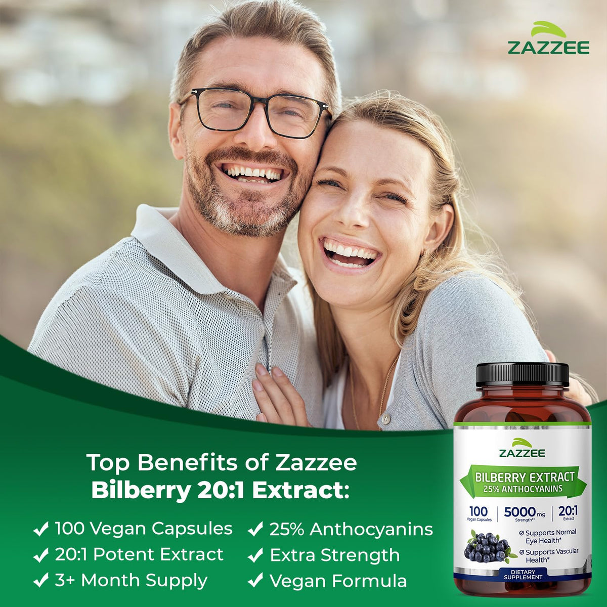 Supplement facts panel on the back of Zazzee Bilberry Extract packaging.