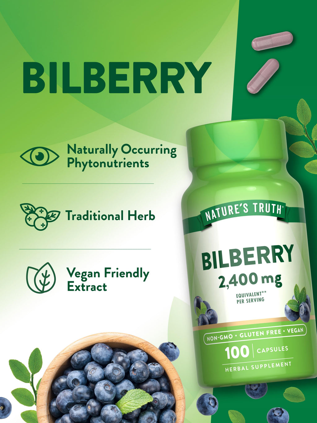 Nature's Truth European blueberry extract 2400mg dosage capsule description