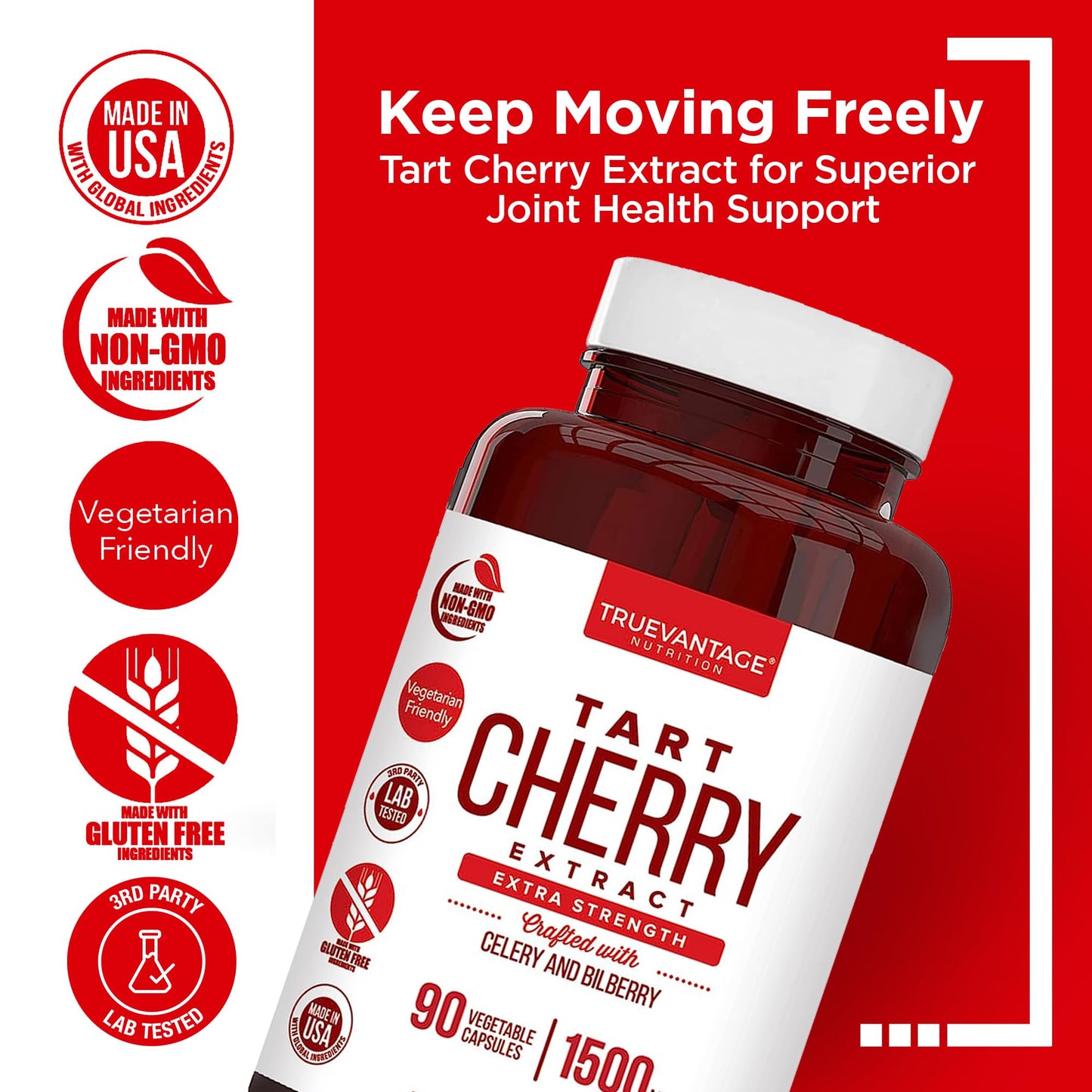 Truevantage Nutrition Tart Cherry Bilberry Celery Seed dietary supplement bottle side label showing ingredients.