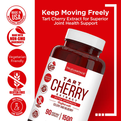 Truevantage Nutrition Tart Cherry Bilberry Celery Seed dietary supplement bottle side label showing ingredients.