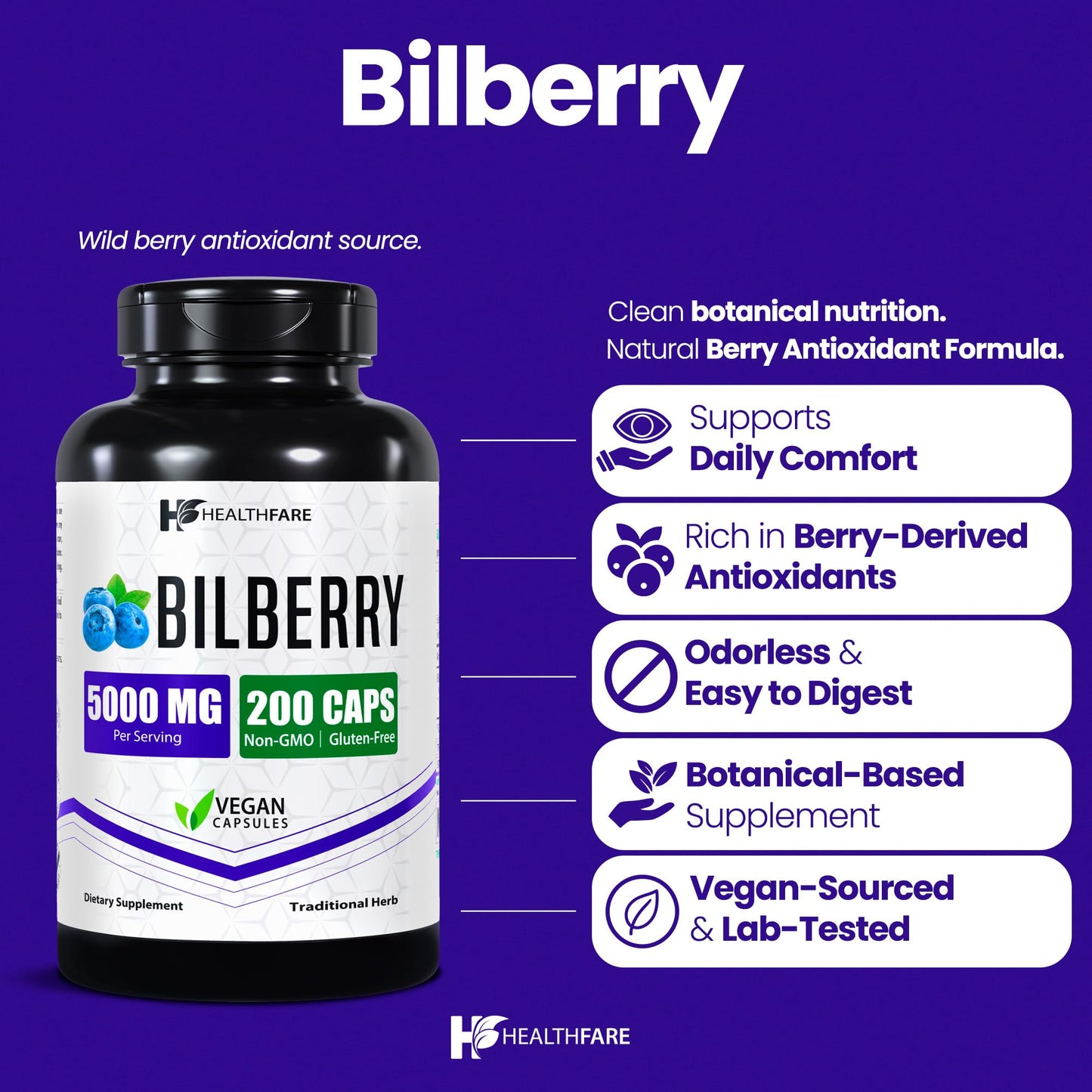 Healthfare Bilberry ultra strength extract capsules showing product label with supplement facts