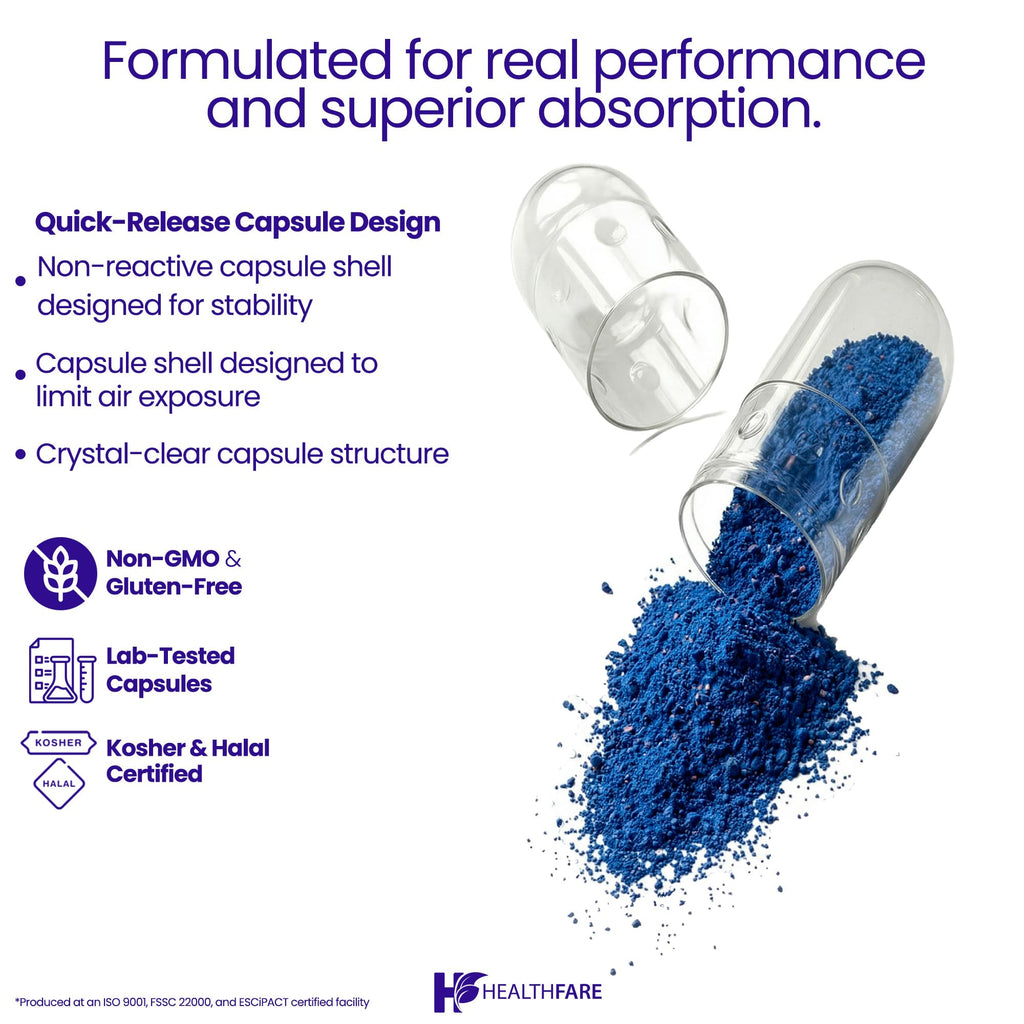 Healthfare non-GMO and gluten-free eye support vegan capsules packaging detail