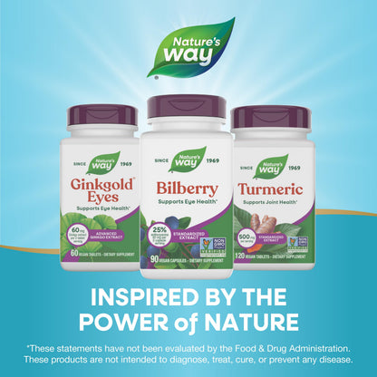 Nature's Way Bilberry 90 vegetarian capsules bottle side view with barcode information