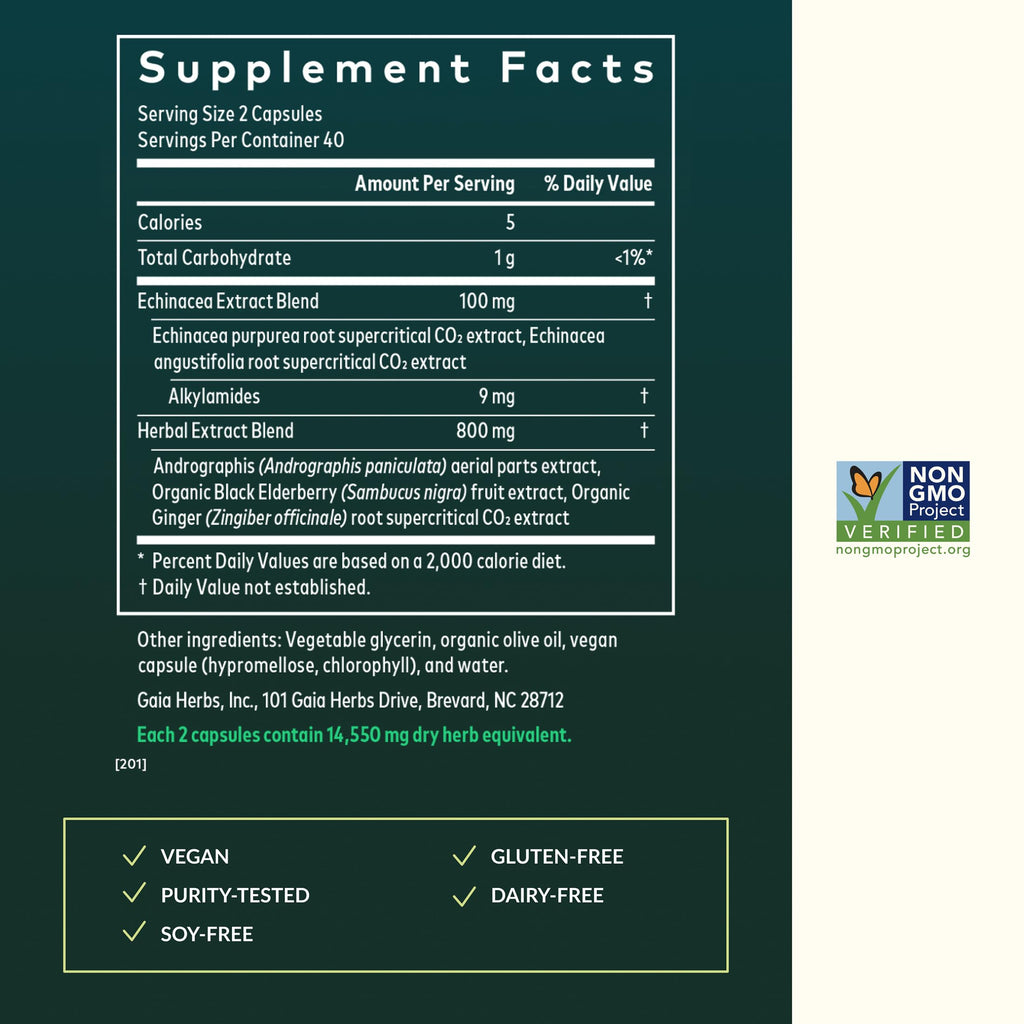 Side view of Gaia Herbs Quick Defense immune supplement bottle