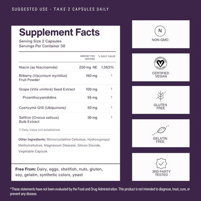 Supplement facts panel of Pristene Neuroptene showing coenzyme Q10 and niacinamide content